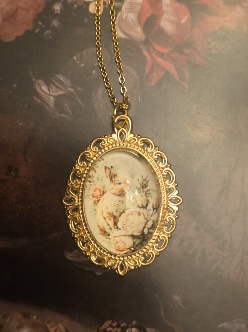Bunny Rabbit Glass Cabochon W Gold Tone Frame On Stainless Steel Chain Necklace